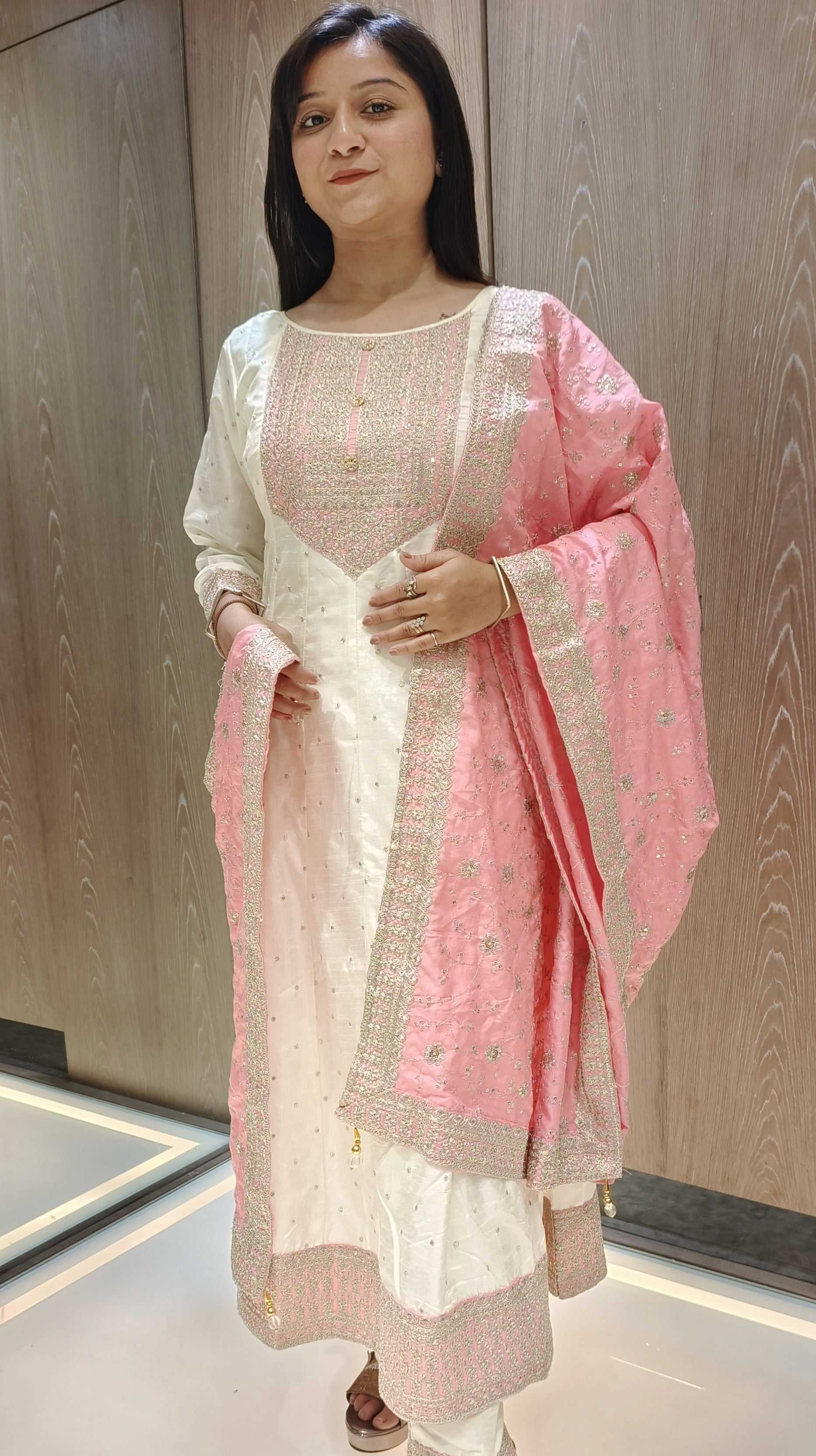 Cream Color Art Silk Machine Work Pakistani Style Dress